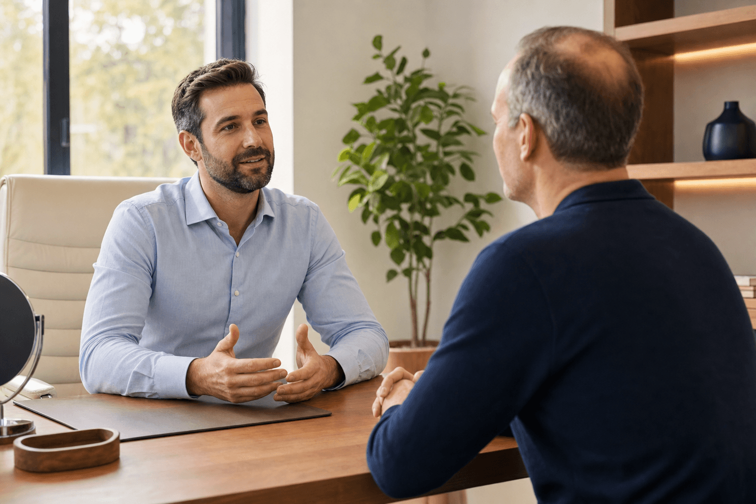 A hair restoration specialist talking with a patient during a consultation